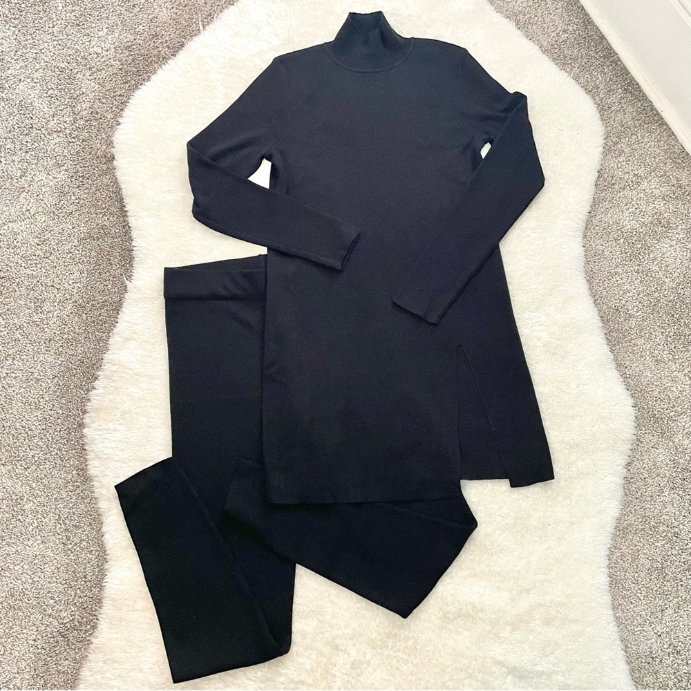 Cable and Gauge ribbed black knit pants and turtleneck tunic sweater set of two